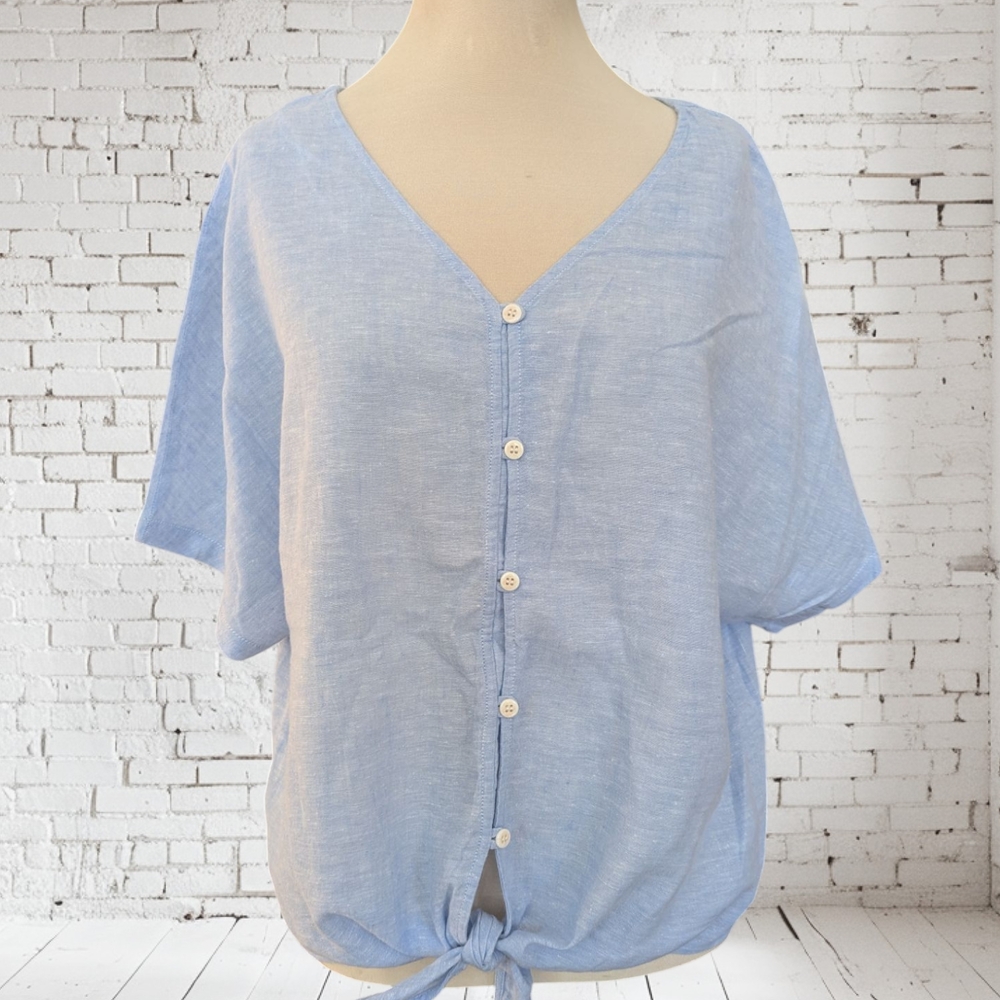 Blue Short Sleeve Tie Front Button Down Shirt